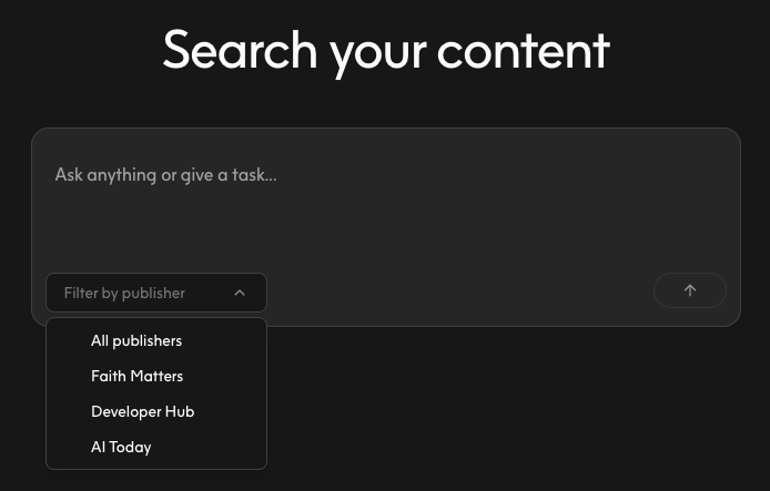 Publisher dropdown showing available content libraries
