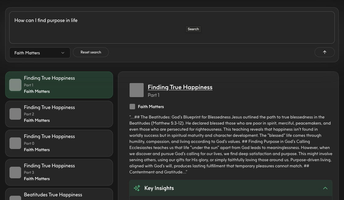 Search results showing cards with titles, sources, and snippets