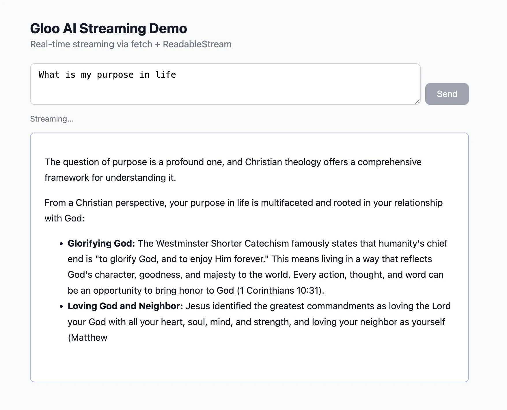 Gloo AI Streaming Demo browser page showing a streamed response to "What is my purpose in life"