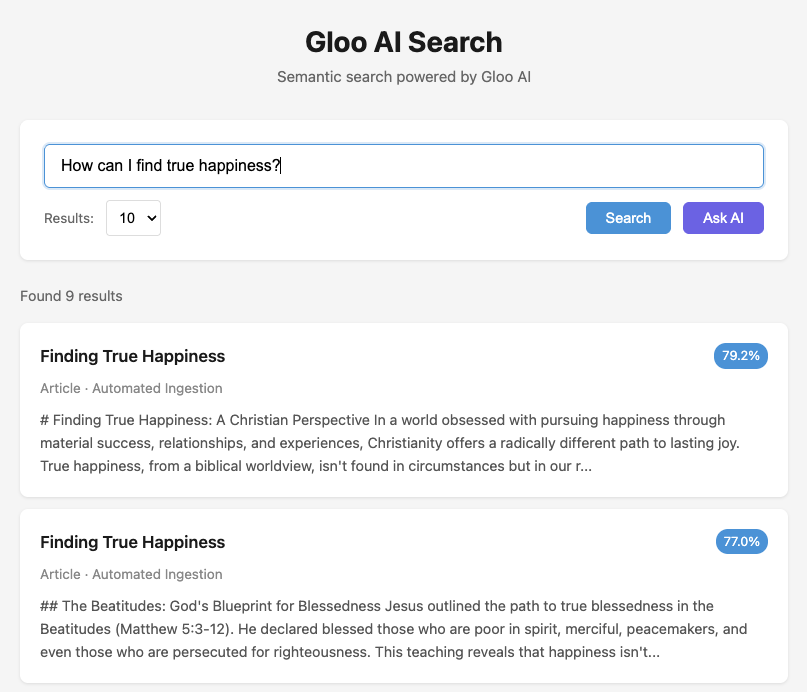 Search results showing content cards with titles, types, and relevance percentages