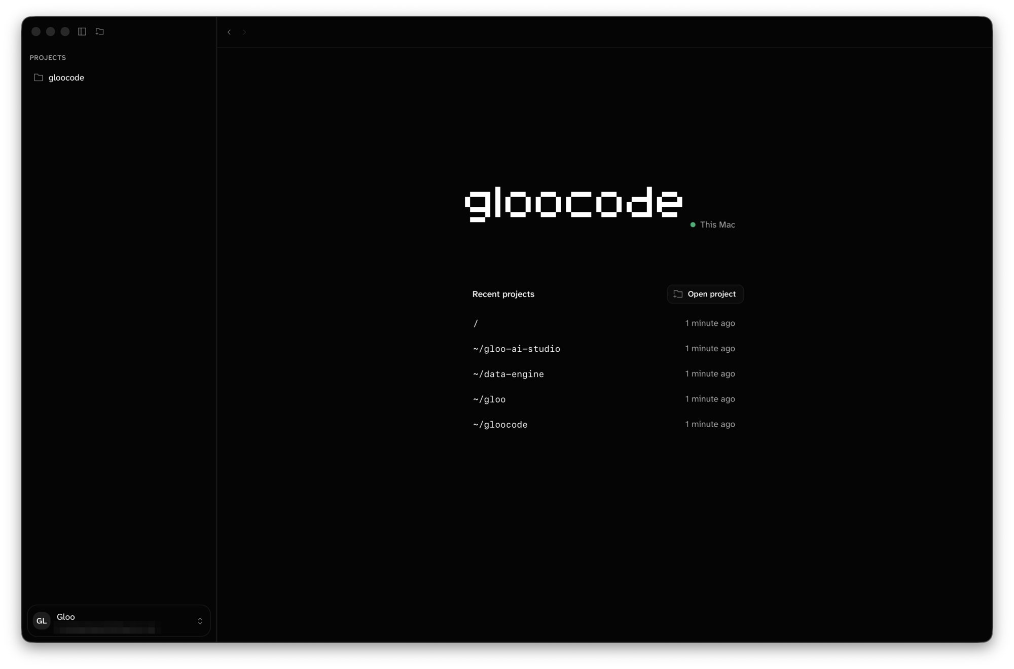 Gloo Code Desktop Home screen with the Recent projects list and Open project button