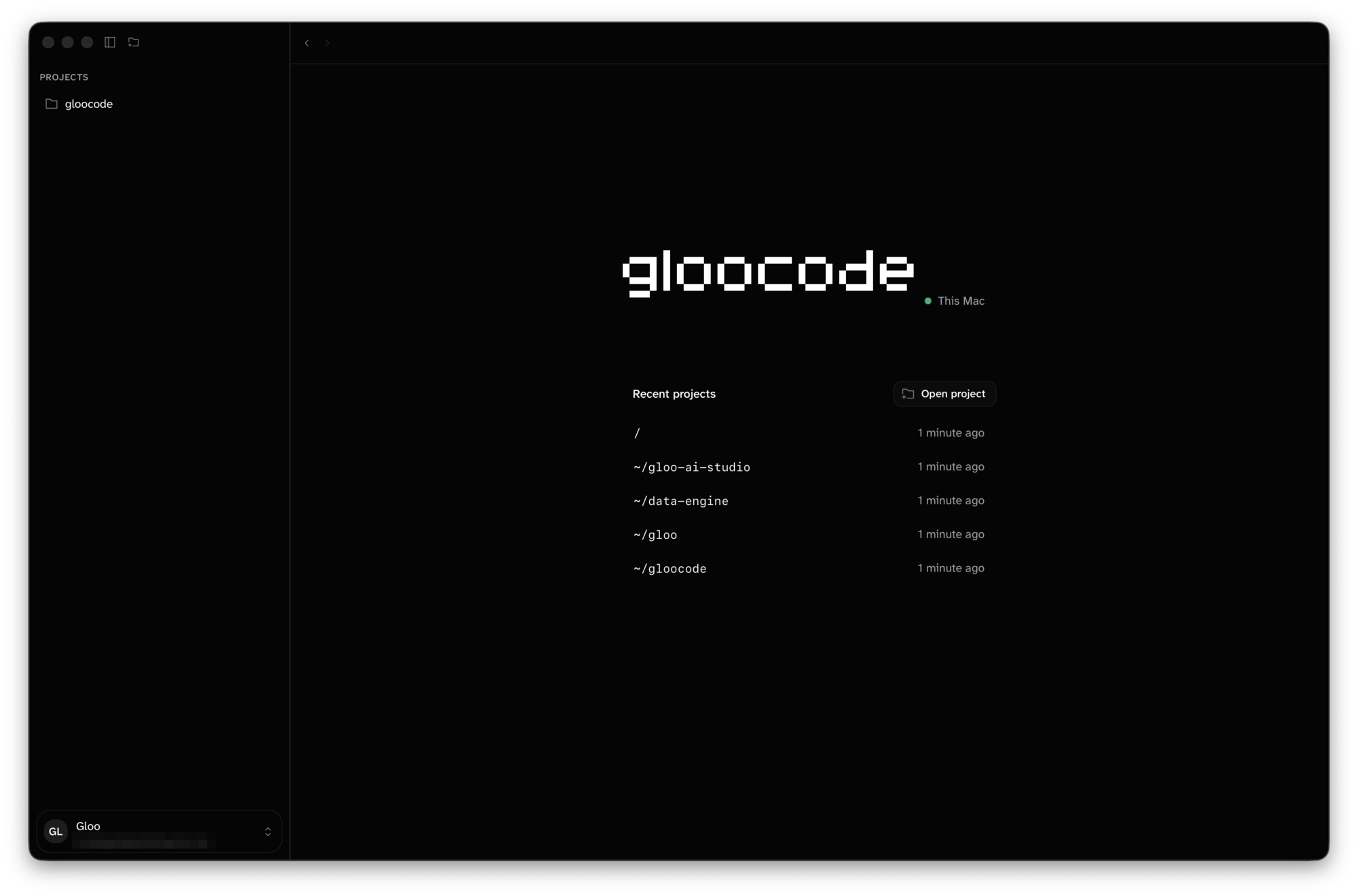 Gloo Code Desktop Home screen with the Recent projects list and Open project button