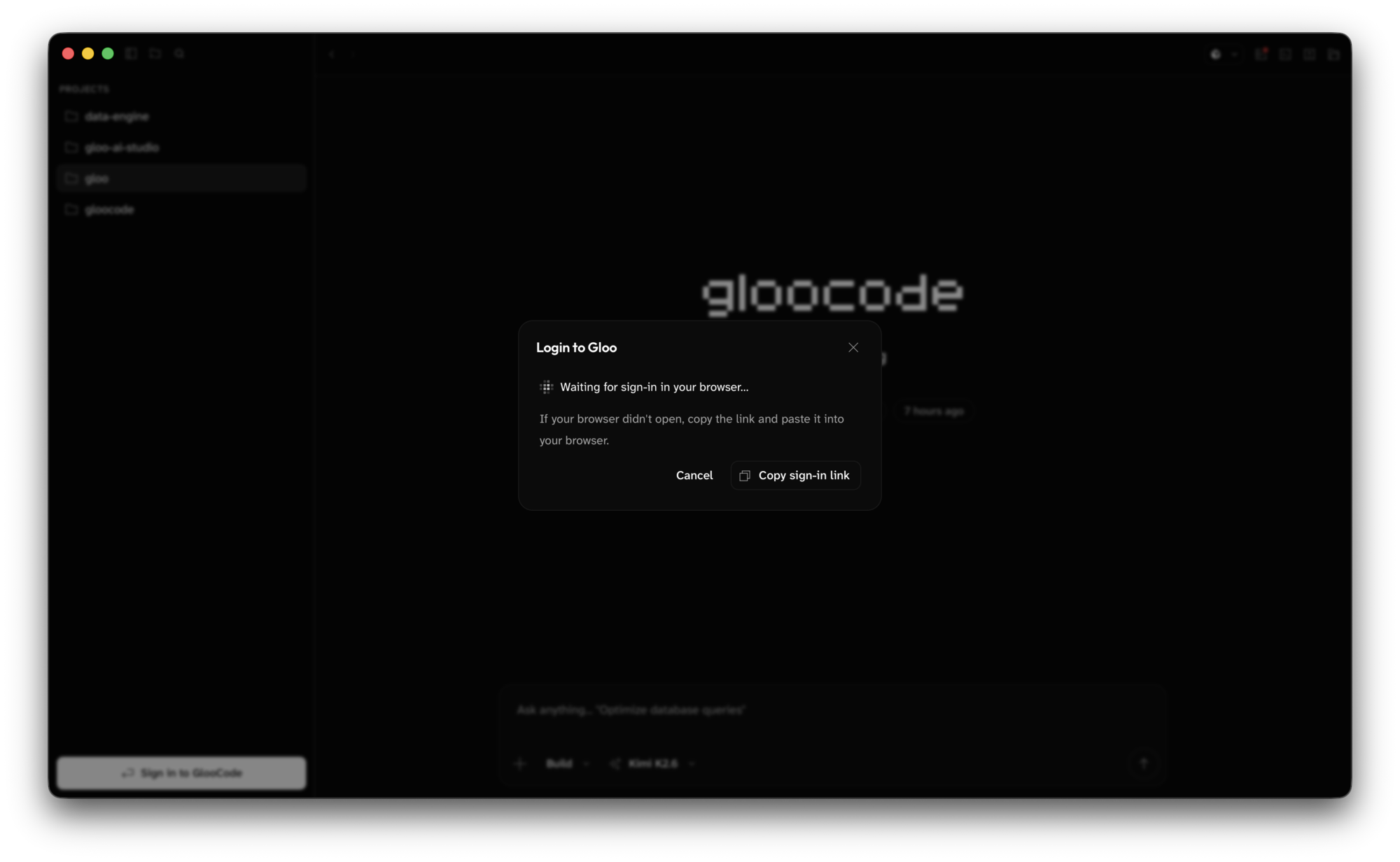 Login to Gloo dialog showing Waiting for sign-in in your browser with Cancel and Copy sign-in link buttons