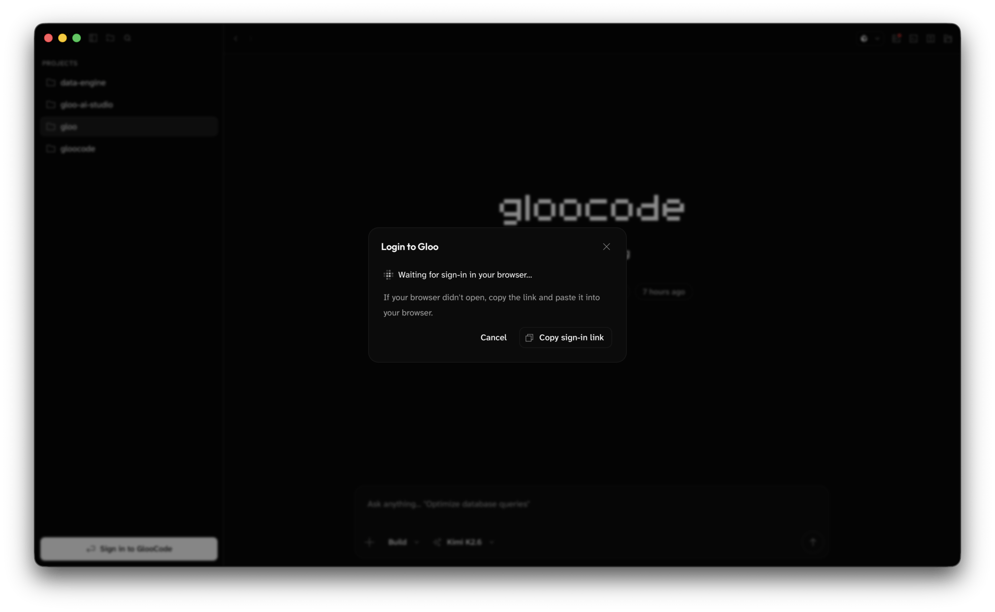 Login to Gloo dialog showing Waiting for sign-in in your browser with Cancel and Copy sign-in link buttons