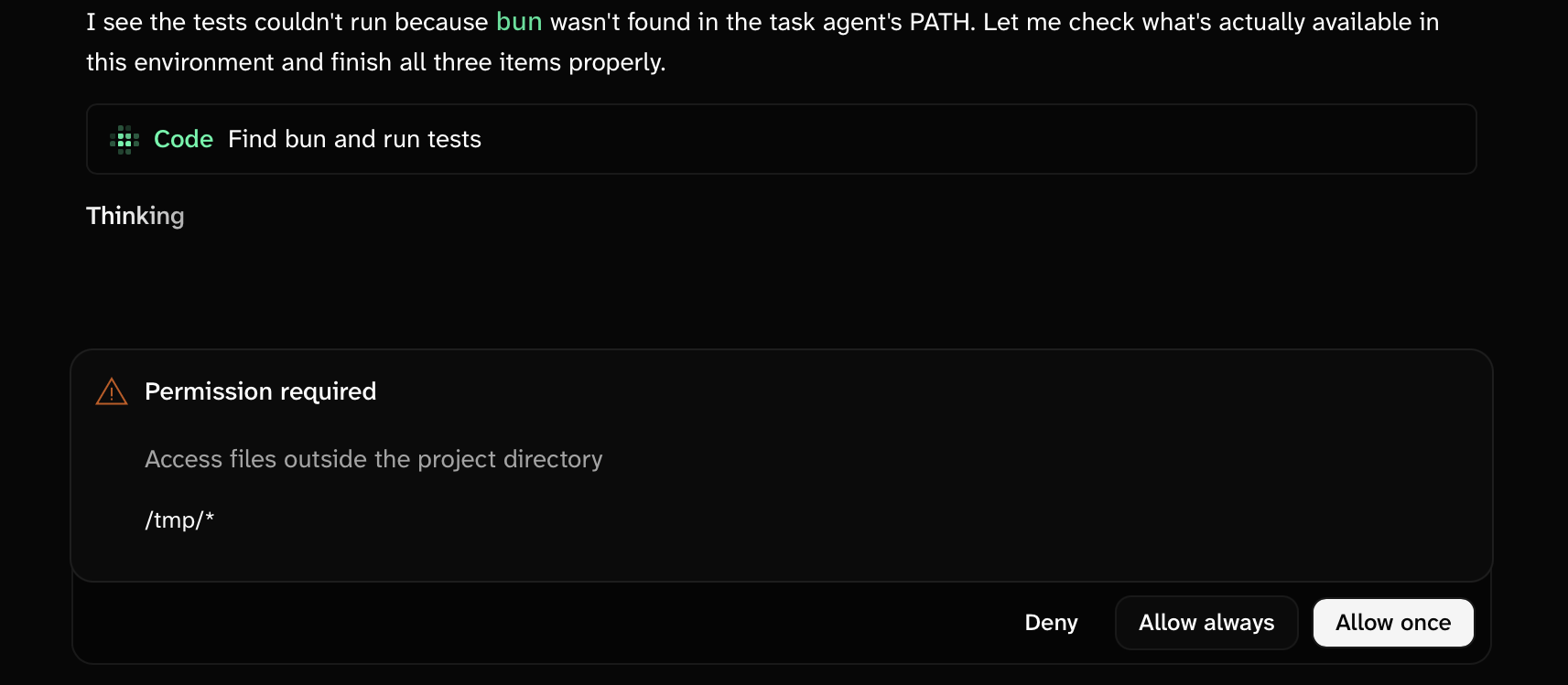 Permission required dock above the prompt describing the request, with Deny, Allow always, and Allow once buttons
