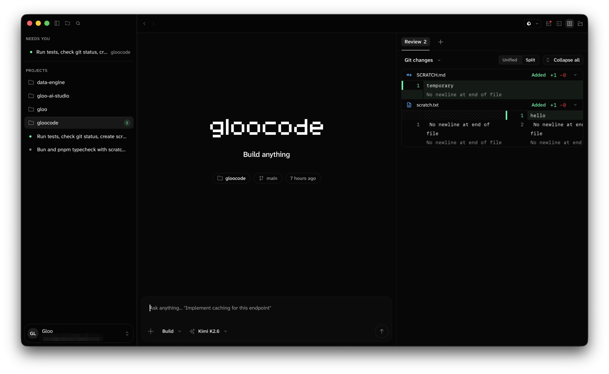 Review panel showing two added files with expanded diffs, the Git changes scope selector, and Unified and Split toggles