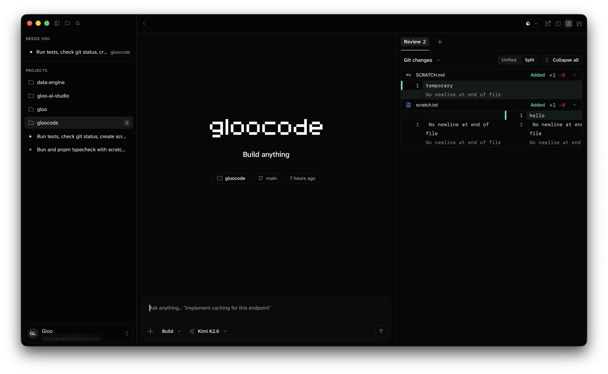 Review panel showing two added files with expanded diffs, the Git changes scope selector, and Unified and Split toggles