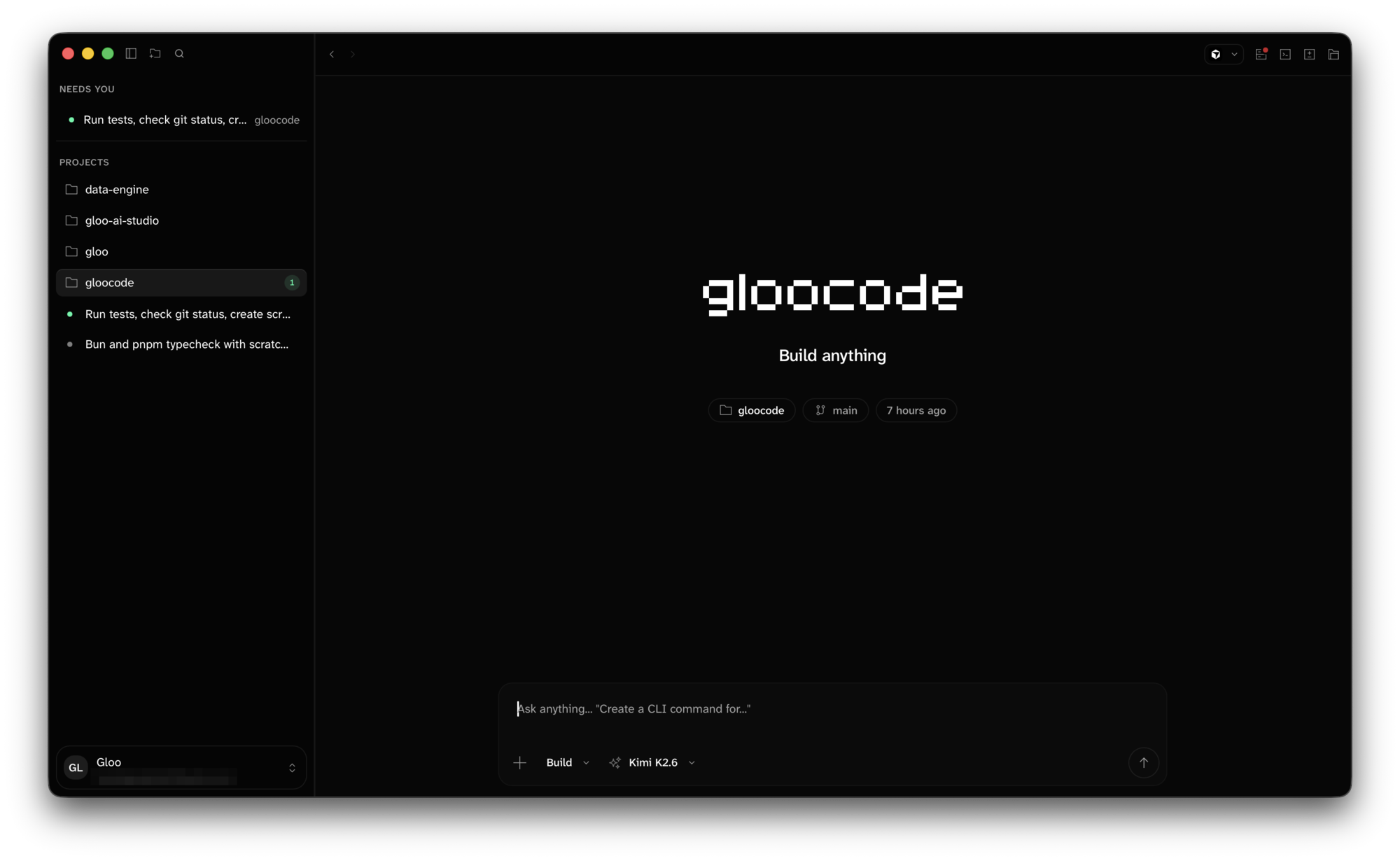 Sidebar with a project expanded to show its sessions, and a new empty session showing Build anything