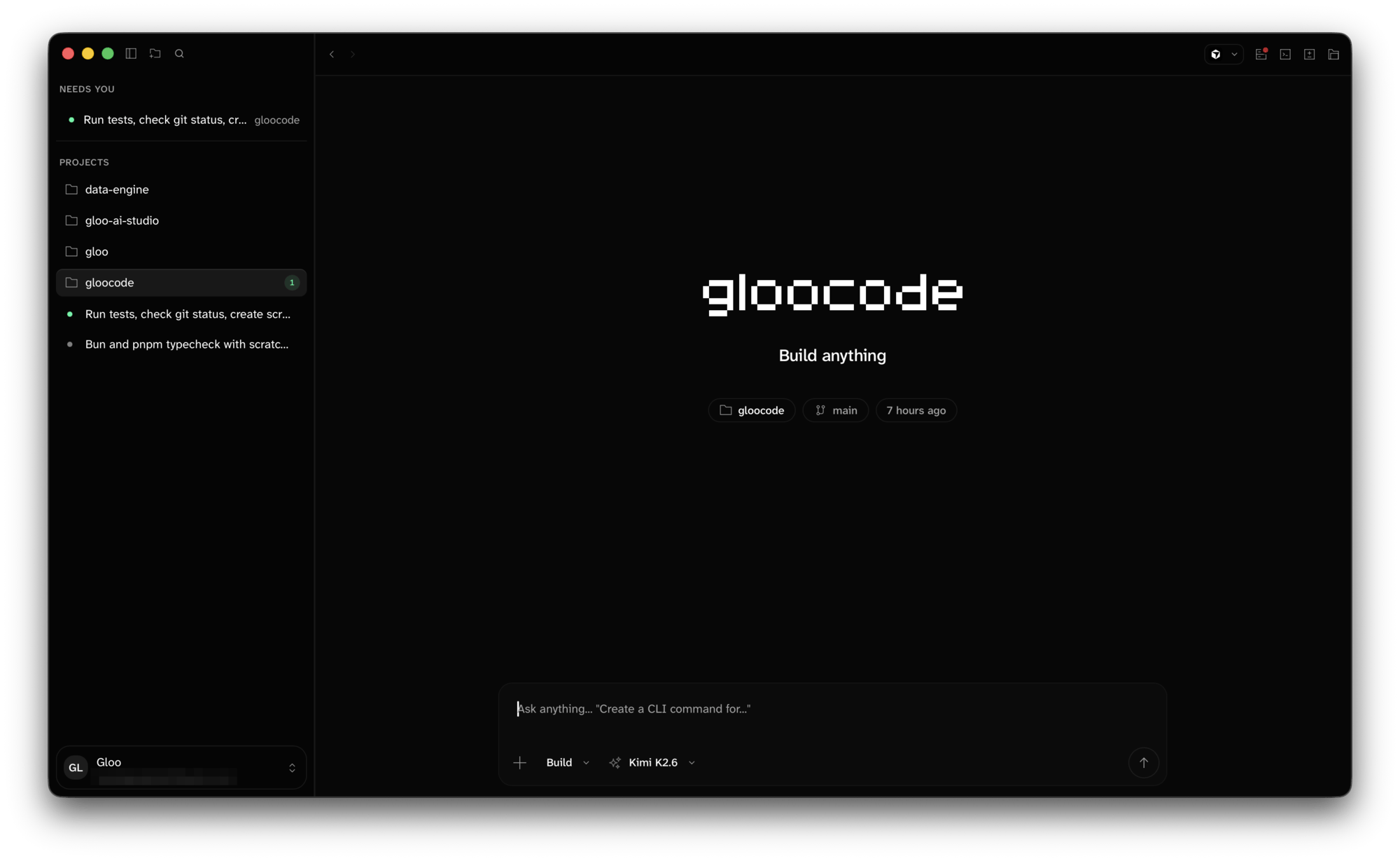 Sidebar with a project expanded to show its sessions, and a new empty session showing Build anything