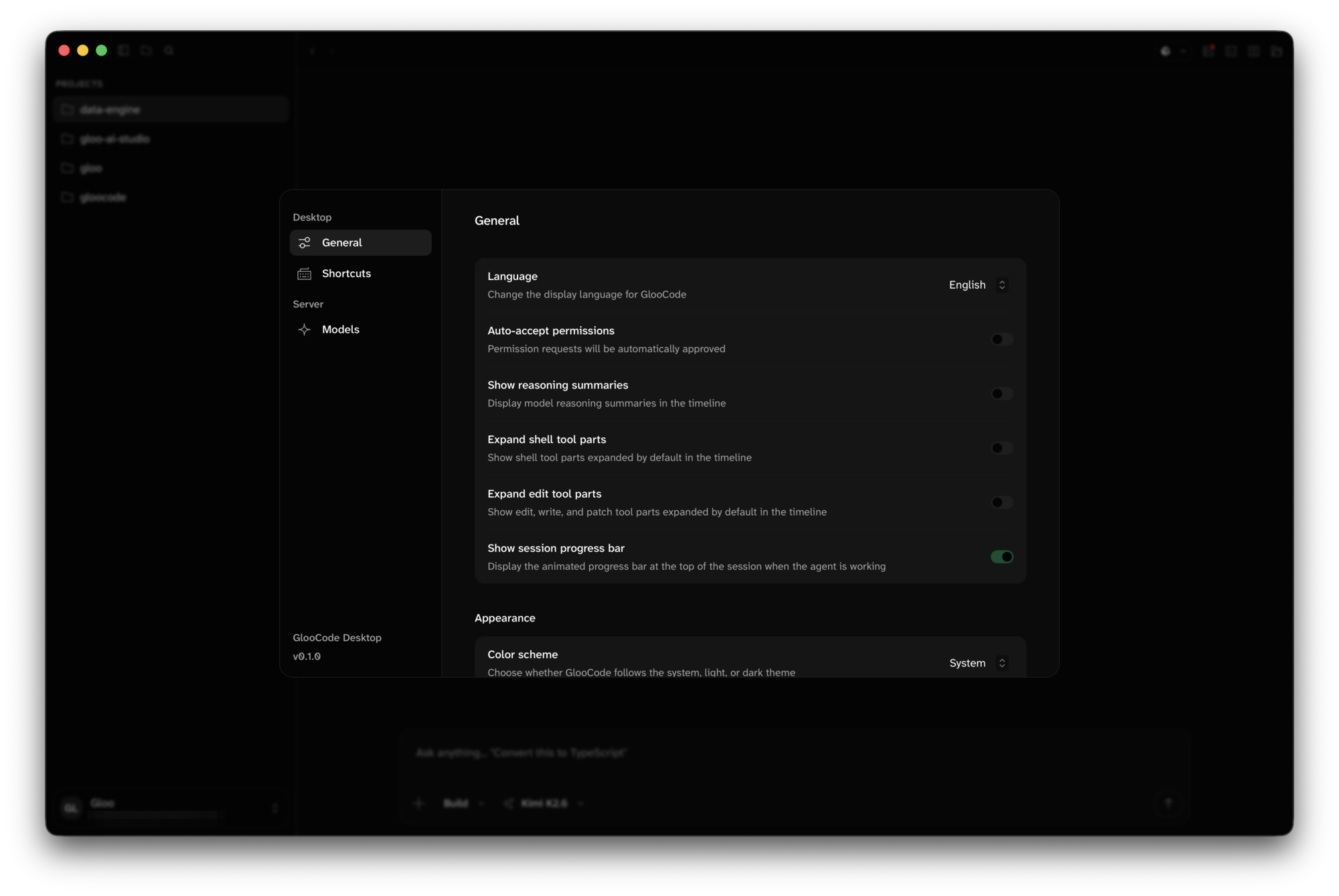 Settings window on the General tab with the app version in the bottom-left corner