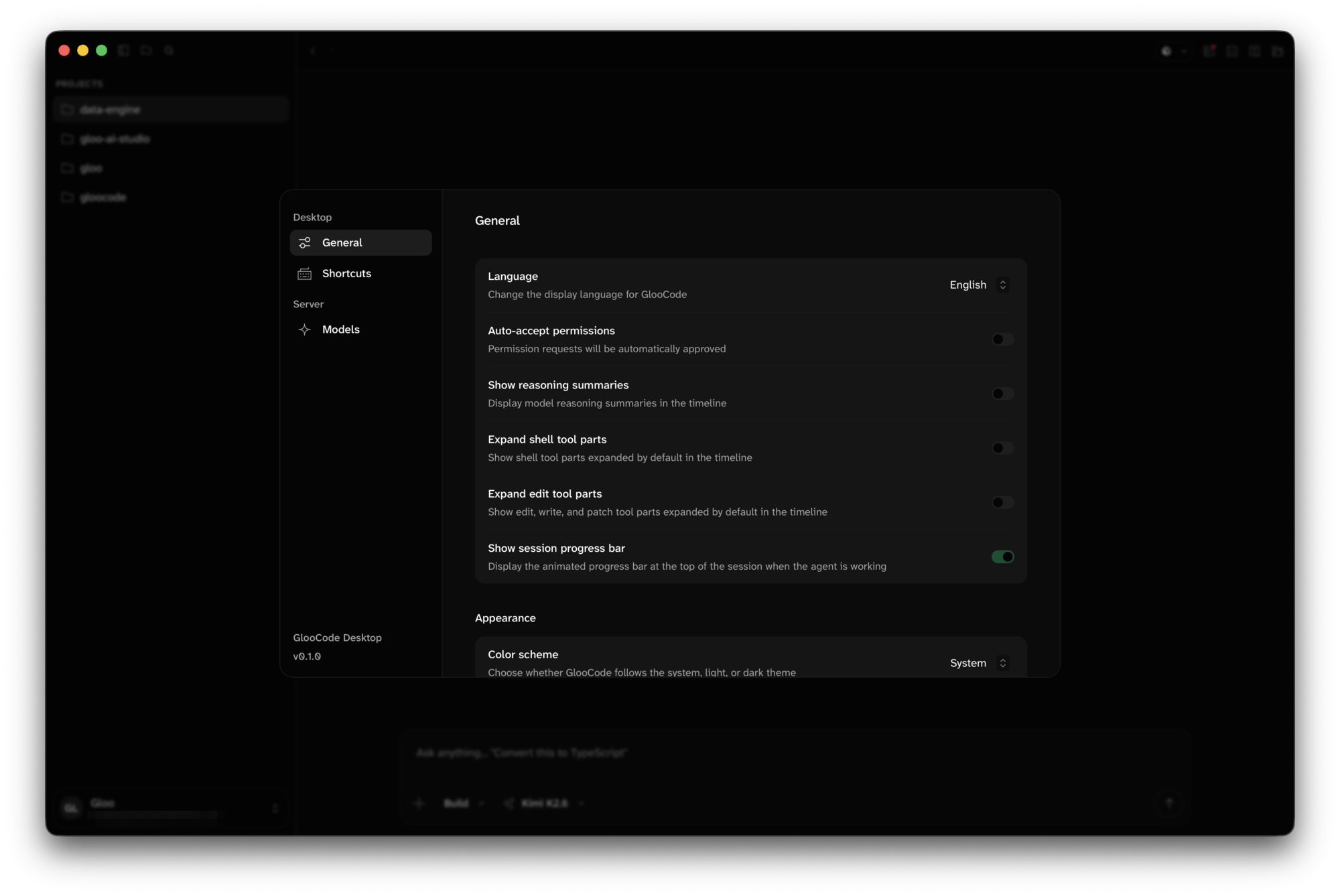 Settings window on the General tab with the app version in the bottom-left corner