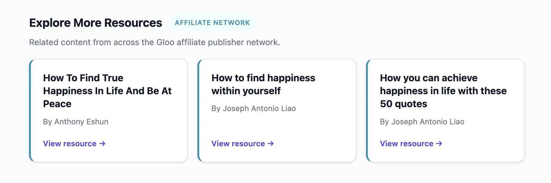 Affiliate recommendation results showing resources from across the Gloo publisher network