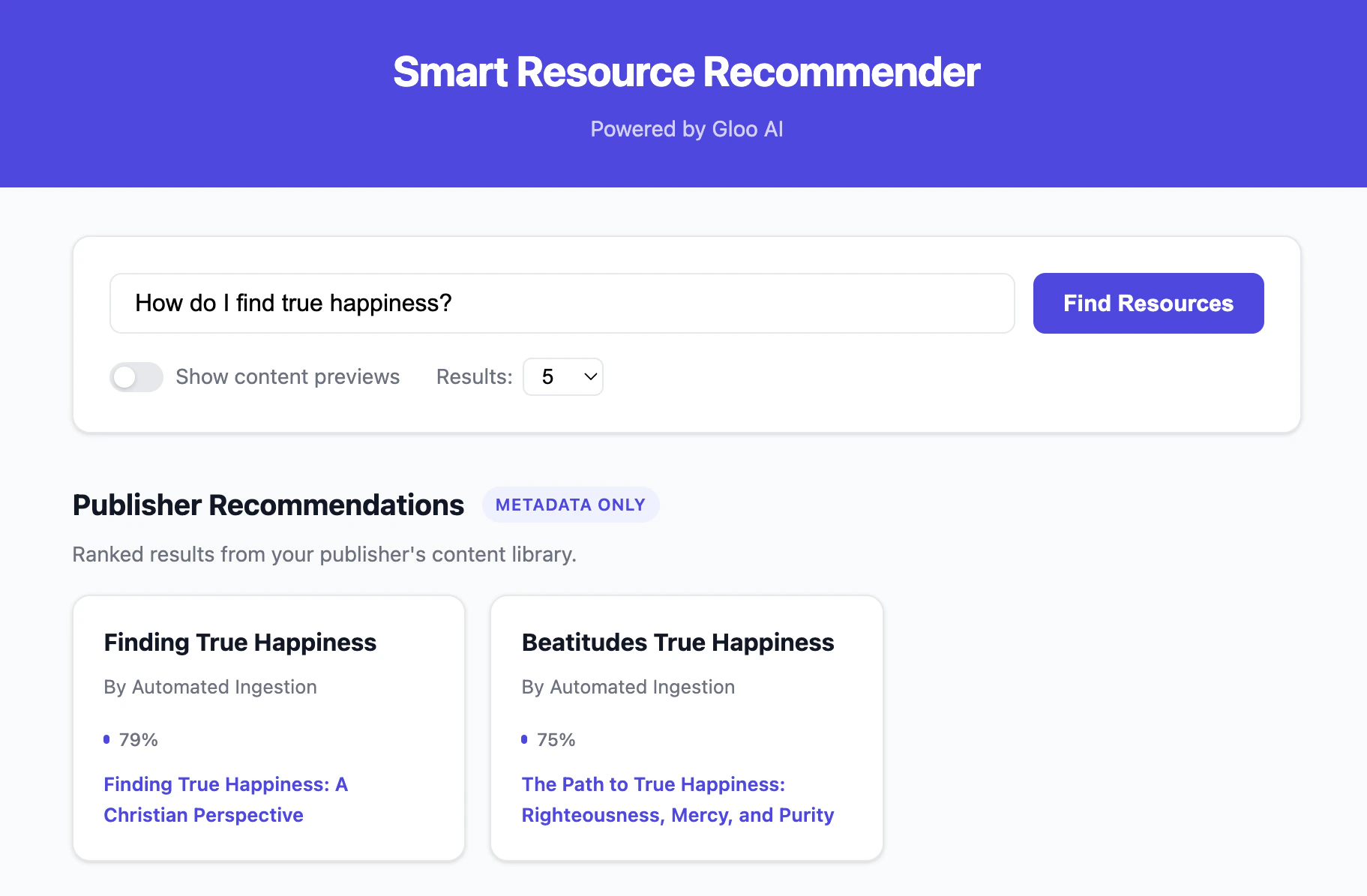 Publisher recommendation results showing content cards with relevance scores and optional snippet previews
