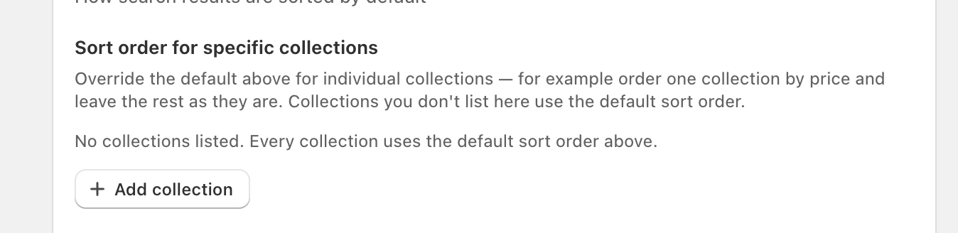 Sort order for specific collections setting with no collections listed and an Add collection button