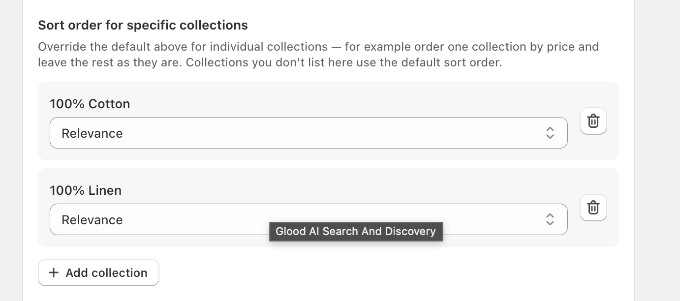 Sort order for specific collections setting with two collections, 100% Cotton and 100% Linen, each with a Relevance sort dropdown