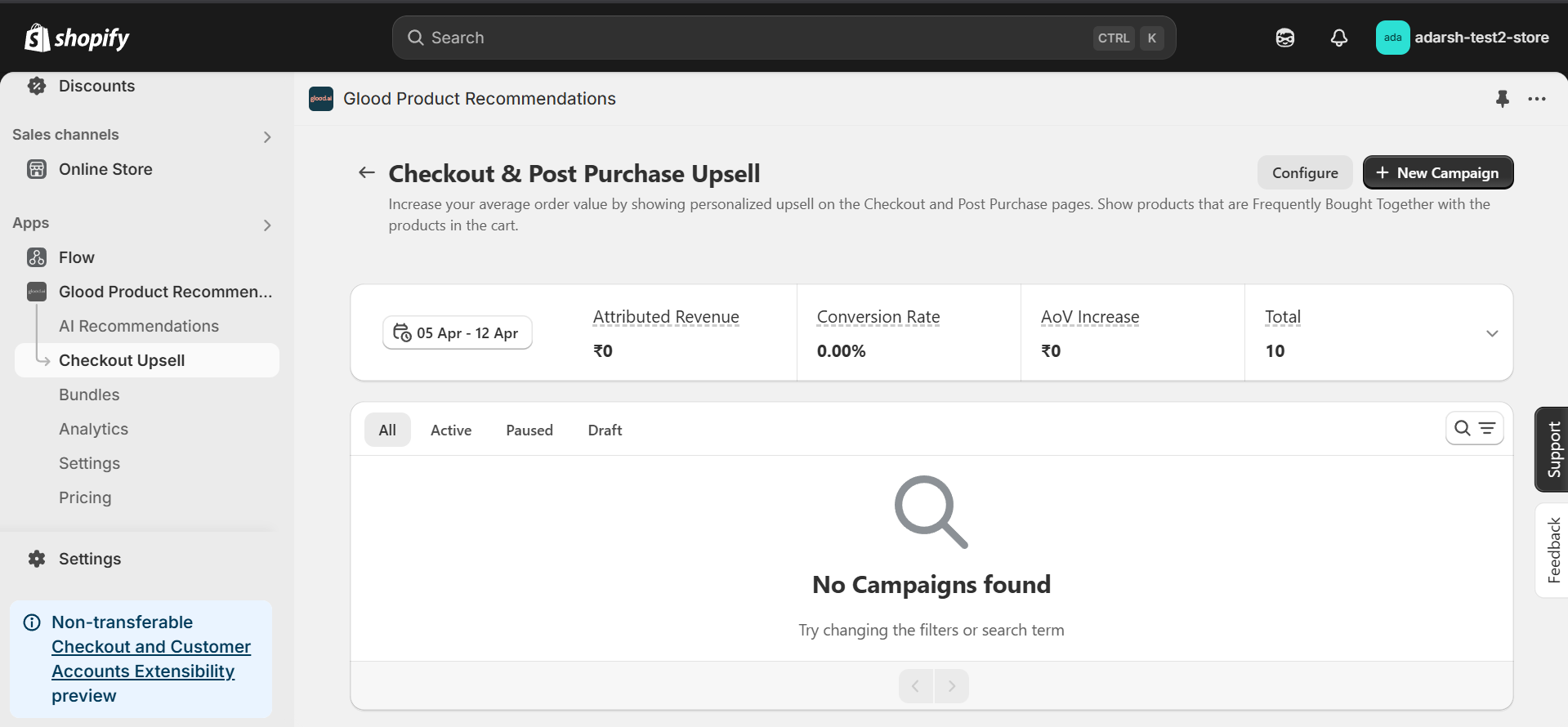 Checkout & Post Purchase Upsell dashboard