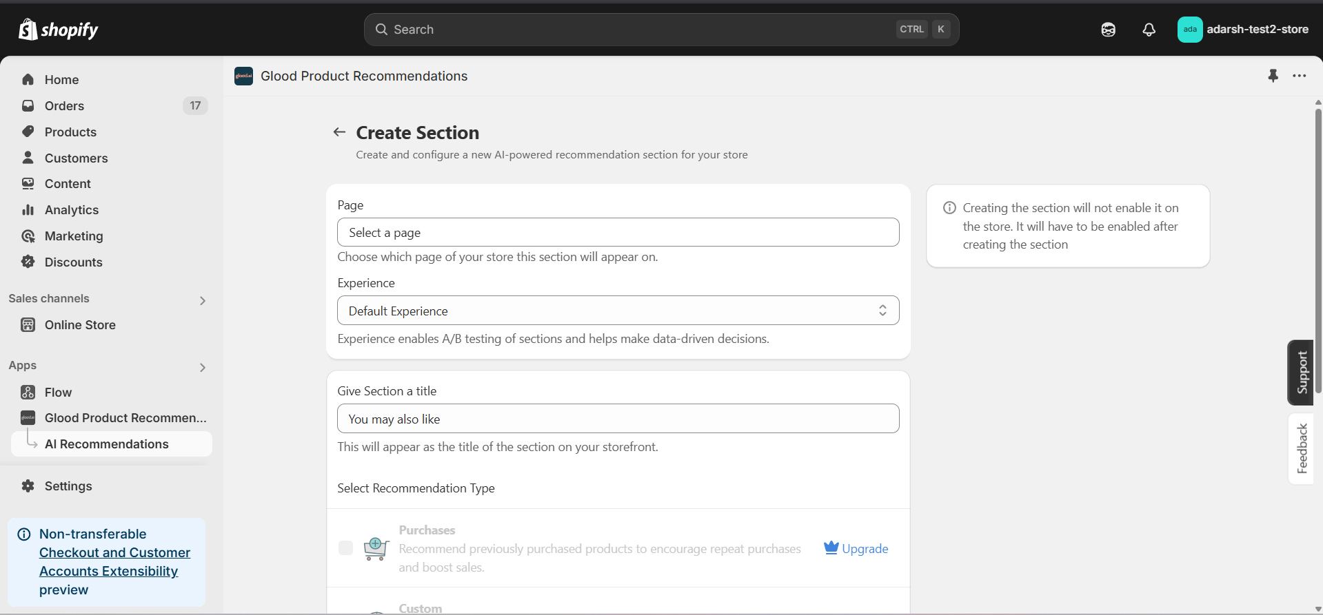 Create AI Recommendation Section screen