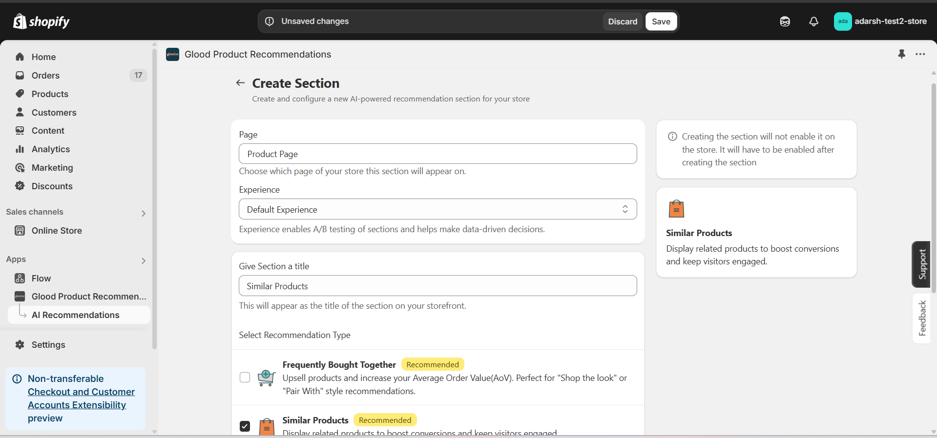 Save Recommendation Section screen