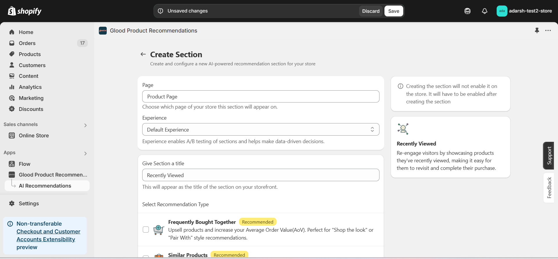 Save Recommendation Section screen