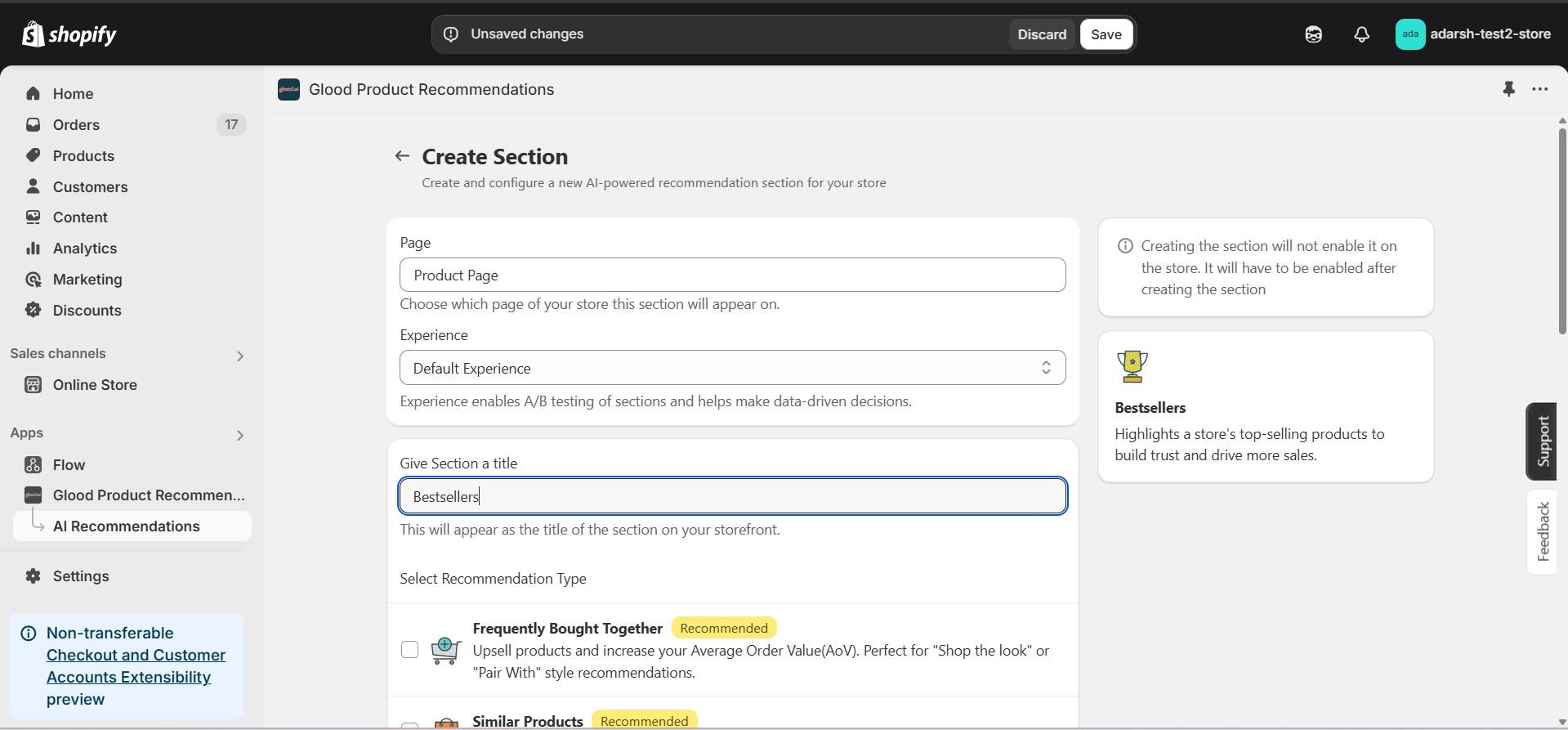 Save Recommendation Section screen
