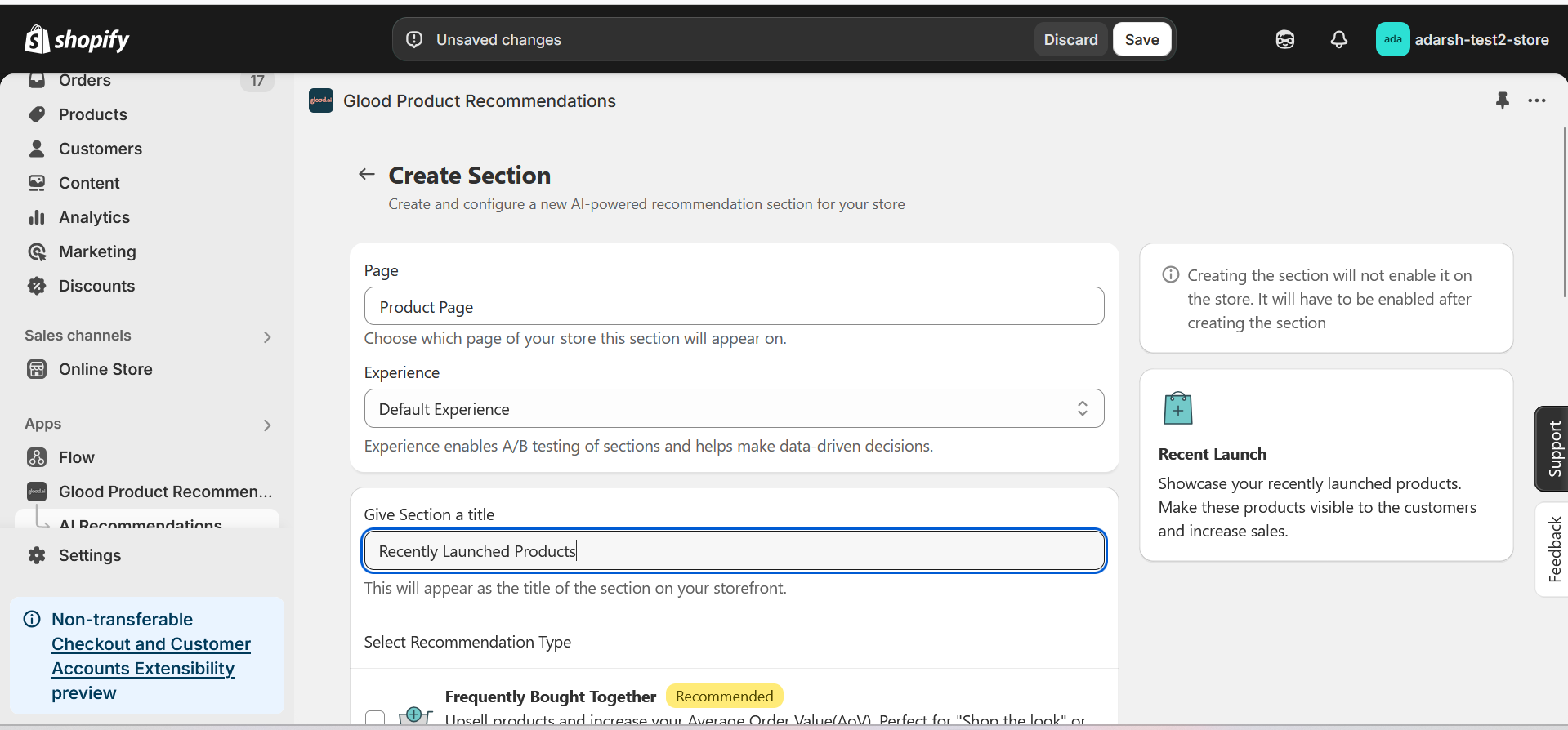 Save Recommendation Section screen