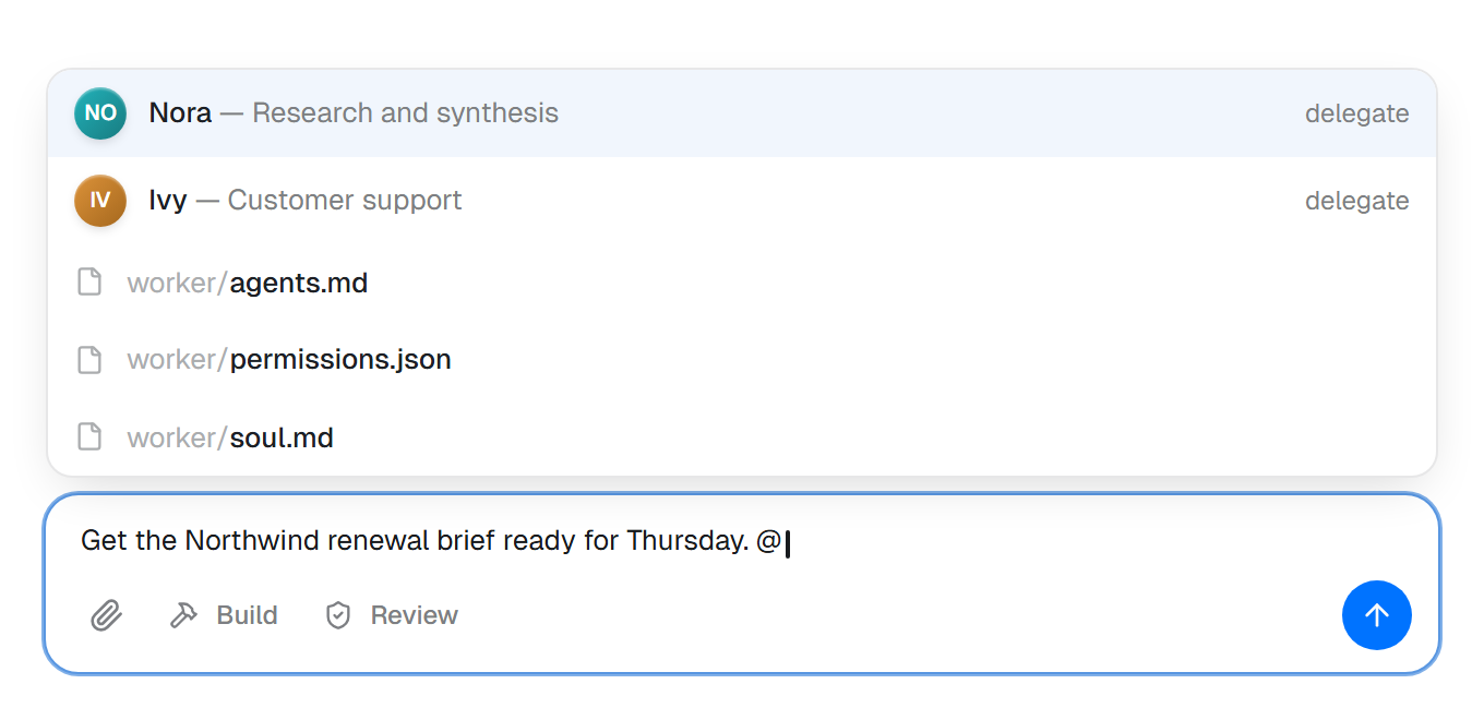 The chat box with @ typed, and a menu offering Nora and Ivy first, each with its role and a delegate hint, then files you can mention
