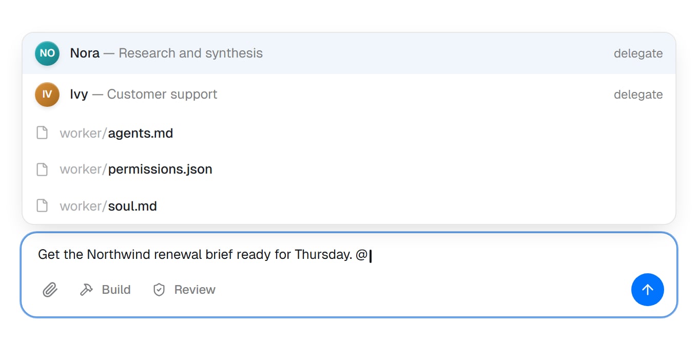 The chat box with @ typed, and a menu offering Nora and Ivy first, each with its role and a delegate hint, then files you can mention
