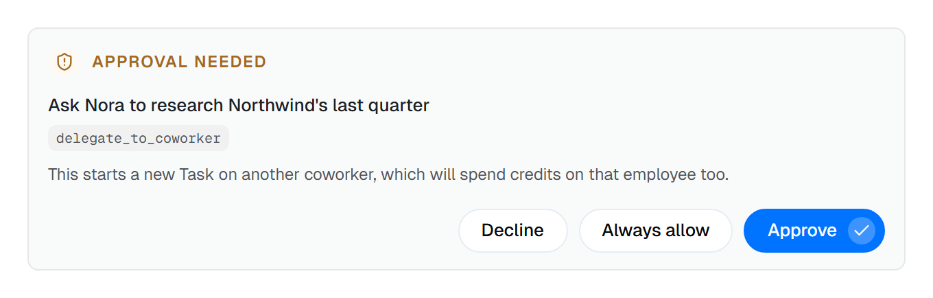 An Approval needed card headed Ask Nora to research Northwind's last quarter, with the action's tag, a cost reason underneath, and Decline, Always allow and Approve buttons