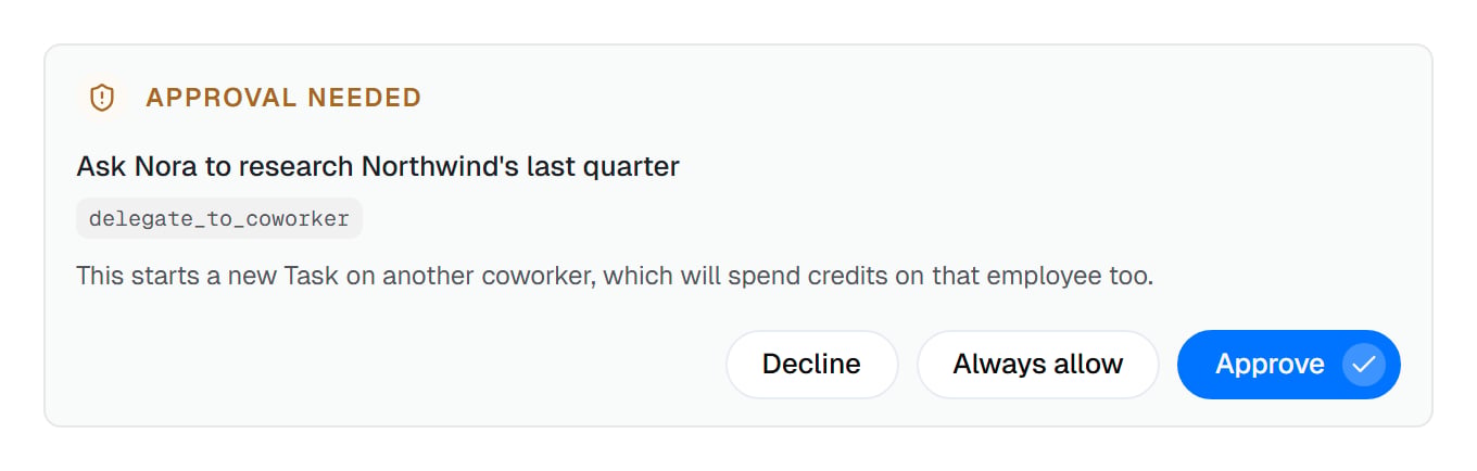 An Approval needed card headed Ask Nora to research Northwind's last quarter, with the action's tag, a cost reason underneath, and Decline, Always allow and Approve buttons