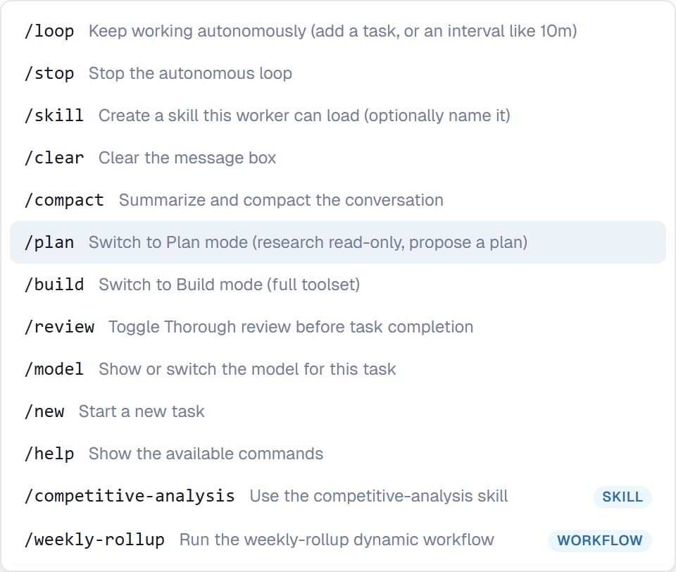 The command menu with built-in commands above a skill and a dynamic workflow, each carrying a badge