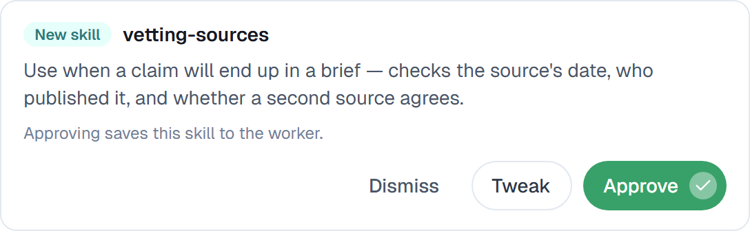 An improvement proposal for a new skill, with Dismiss, Tweak and Approve buttons