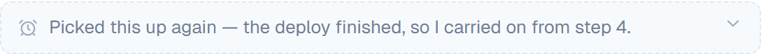 A notice in the conversation explaining that the coworker resumed because a deploy finished