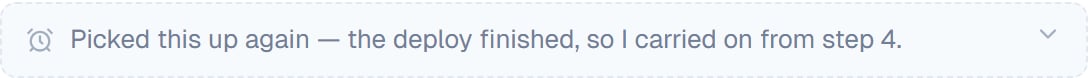A notice in the conversation explaining that the coworker resumed because a deploy finished
