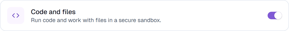 The Code and files row on the Capabilities tab, switched on
