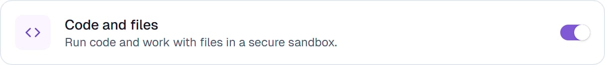 The Code and files row on the Capabilities tab, switched on