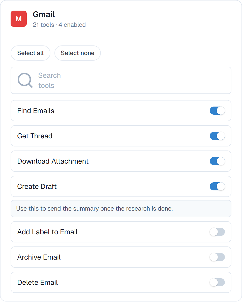 The configure drawer for Gmail, showing individual action switches and a when-to-use note