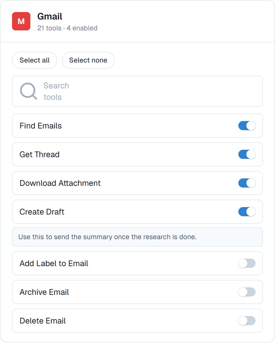 The configure drawer for Gmail, showing individual action switches and a when-to-use note