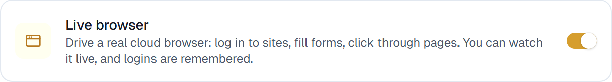 The Live browser row on the Capabilities tab, switched on