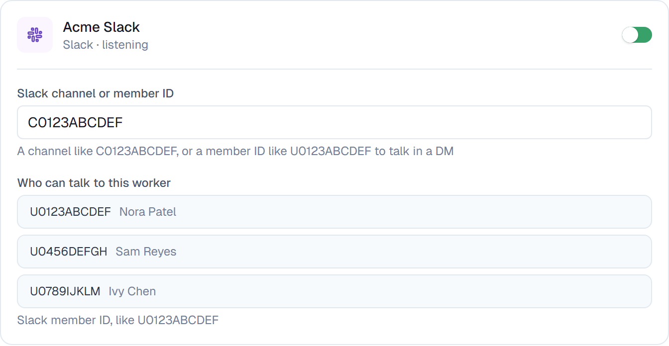 A Slack channel configured on the Channels tab, with a channel ID and three allowed senders
