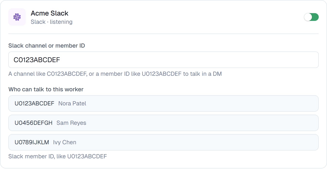 A Slack channel configured on the Channels tab, with a channel ID and three allowed senders