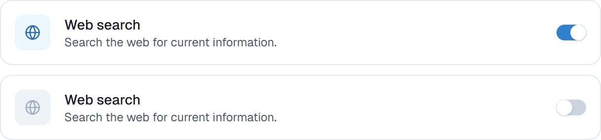 The Web search row shown switched on above the same row switched off