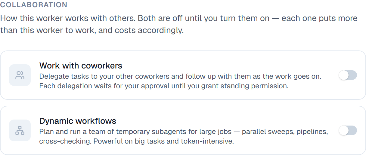 The Collaboration section with Work with coworkers and Dynamic workflows both switched off