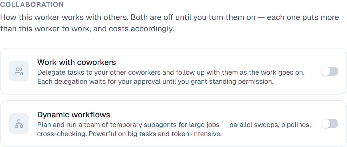 The Collaboration section with Work with coworkers and Dynamic workflows both switched off
