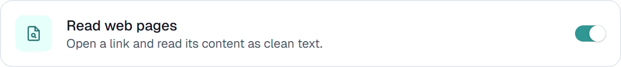 The Read web pages row on the Capabilities tab, switched on