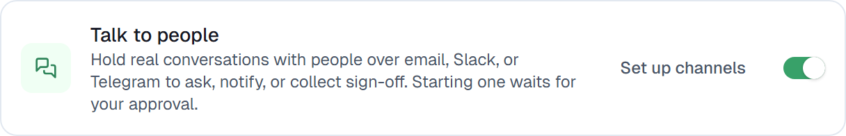 The Talk to people row on the Capabilities tab, with its Set up channels button