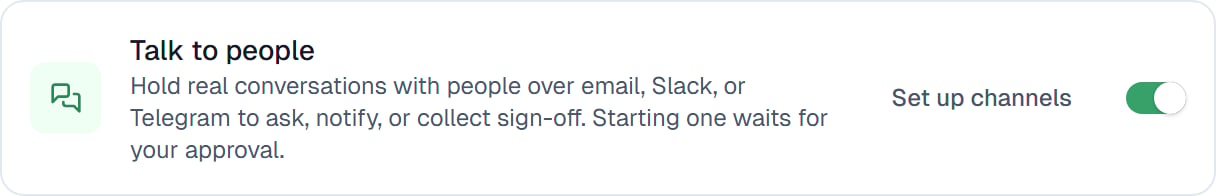 The Talk to people row on the Capabilities tab, with its Set up channels button