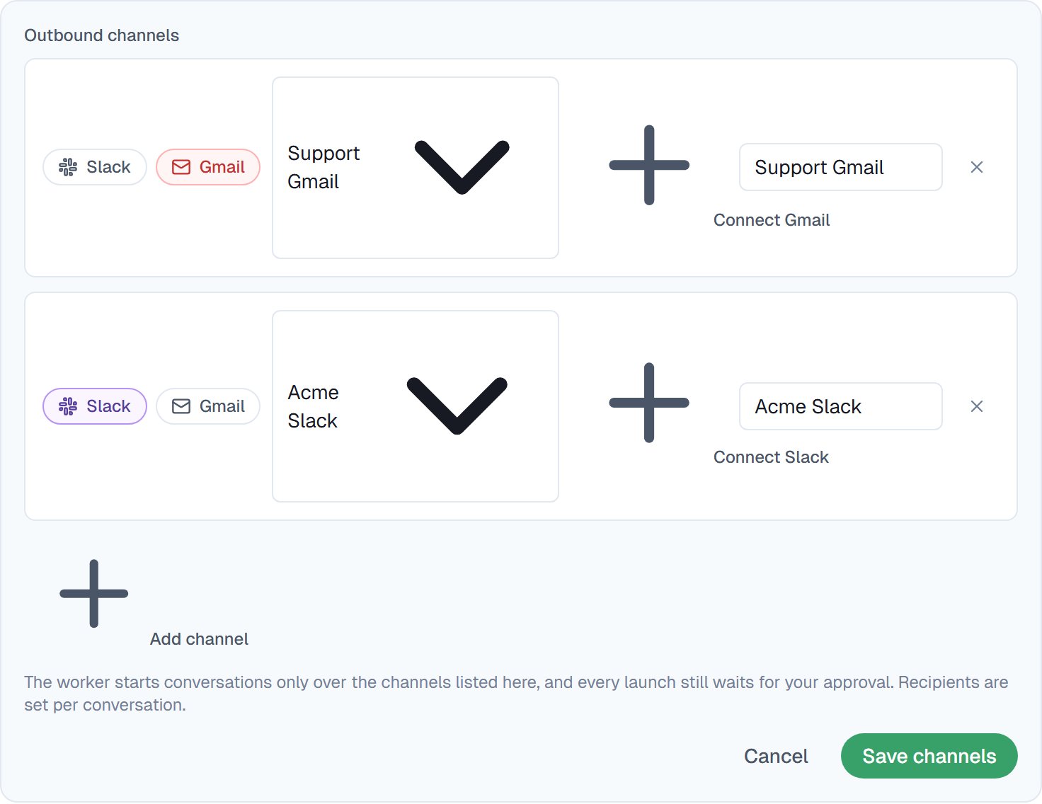 The Outbound channels panel with a Gmail row and a Slack row configured