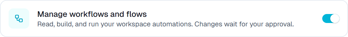 The Manage workflows and flows row on the Capabilities tab, switched on