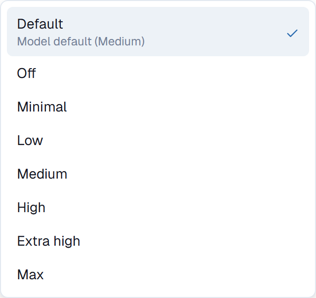 The effort menu listing Default, Off, Minimal, Low, Medium, High, Extra high and Max
