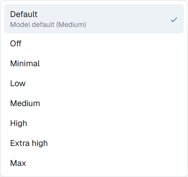 The effort menu listing Default, Off, Minimal, Low, Medium, High, Extra high and Max